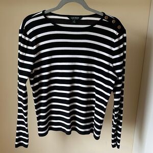 Lauren Ralph Lauren Black and White Striped Long Sleeve Boatneck Top